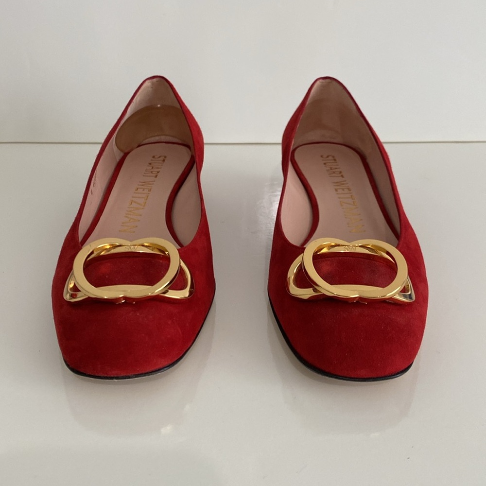 Stuart Weitzman Red Suede Flats with Gold Buckle